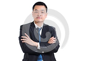 Portrait of Confident young asian businessman standing with arms folded. Businessman black suit arms crossed