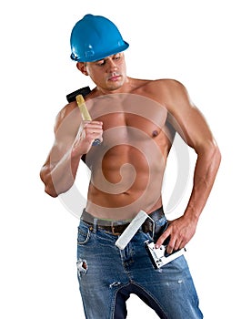 Portrait of confident young beautiful handyman with tools.