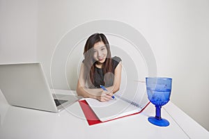 Portrait of confident young businesswoman writing on diary at office desk