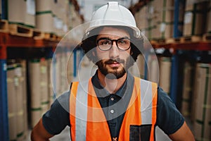 Portrait of confident young caucasian factory worker in white hardhat and protective suit with spectacles standing in