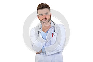 Portrait of confident young medical doctor on white background