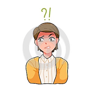 Portrait of confused anime boy with question mark and exclamation point vector illustration. Japanese teenager with photo