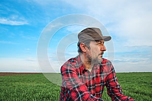 Portrait of contemplative farm worker in wheat seedling field, farmer planning agricultural activity