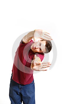Portrait of cool breakdance style dancer isolated on white background