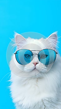 Portrait cool cat concept design, white cat wearing eyes glasses isolated on background, blue texture on background