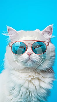 Portrait cool cat concept design, white cat wearing eyes glasses isolated on background, blue texture on background