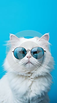 Portrait cool cat concept design, white cat wearing eyes glasses isolated on background, blue texture on background