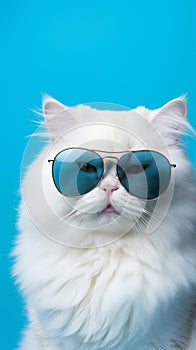 Portrait cool cat concept design, white cat wearing eyes glasses isolated on background, blue texture on background