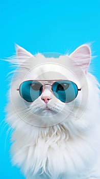 Portrait cool cat concept design, white cat wearing eyes glasses isolated on background, blue texture on background