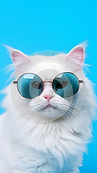 Portrait cool cat concept design, white cat wearing eyes glasses isolated on background, blue texture on background