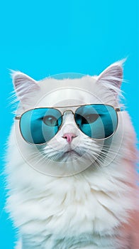 Portrait cool cat concept design, white cat wearing eyes glasses isolated on background, blue texture on background