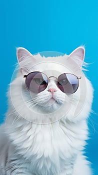 Portrait cool cat concept design, white cat wearing eyes glasses isolated on background, blue texture on background