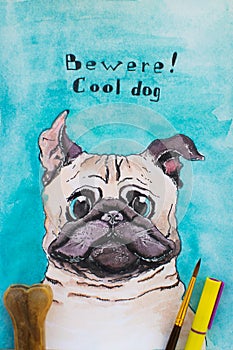 Portrait of cool Pug dog. Watercolor sketch, illustration