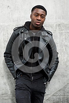 Cool young black man with leather jacket