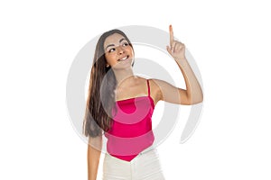 Portrait with copy space of charming, pretty, nice, stylish, brunette, trendy woman pointing forefinger on empty place