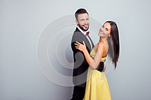 Portrait with copy space of love story of cute, cheerful, attractive, couple in elegant