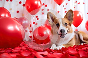 A portrait of a corgi dog among red balloon and rose petals, capturing the essence of Valentine\'s Day