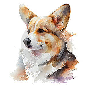 Portrait of a corgi made using watercolor technique on a white background. Small pet dog breed with watercolor colorful