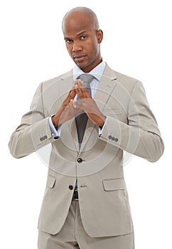 Portrait, corporate fashion or black man confident in professional suit, studio outfit or formal clothes. Business