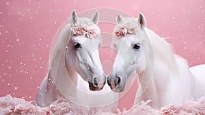 Portrait of couple beautiful white horses with rose flowers in the manes in studio decorations isolated on pink