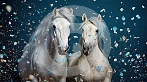 Portrait of couple beautiful white horses in studio with confetti decorations isolated on blue background