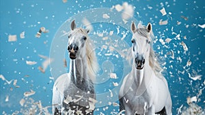 Portrait of couple beautiful white horses in studio with confetti decorations isolated on blue background