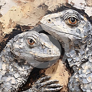 Portrait of couple iguanas. Rustic style, close-up illustration. Generative AI