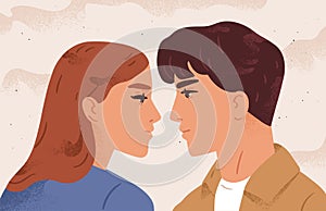 Portrait of couple looking to each other having fondness vector flat illustration. Face profile of enamored man and