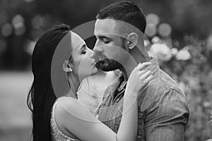 Portrait couple in love kiss. Passion dating and love. Seduction concept. Romantic portrait of a sensual couple in love