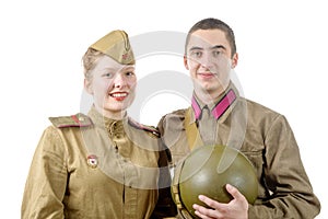 Portrait couple in Russian military uniform