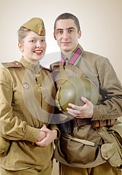 Portrait couple in Russian military uniform of the Great Patriot