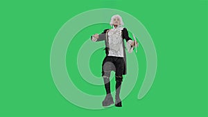 Portrait of courtier gentleman in black historical vintage suit and white wig, dancing merrily with fan in his hands