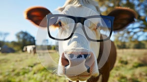 Portrait of Cow close up with glasses. Generative Ai