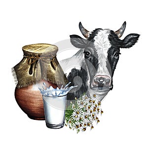 Portrait of a cow and dairy products in ceramic and glassware. Watercolor hand drawn illustration. For milk promotion