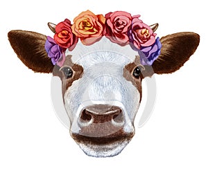 Portrait of Cow with floral head wreath.