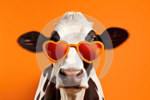 Portrét krava so srdcom v tvare slnečné okuliare oranžový 
