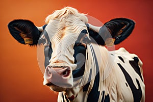 Portrait of a cow on a red background. Close-up. ai generated