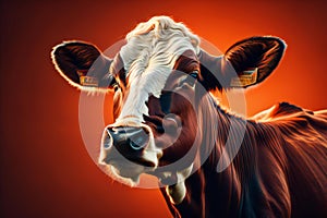 Portrait of a cow on a red background. Close-up. ai generated