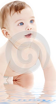 Portrait of crawling baby boy looking up