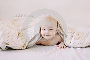 Portrait of a crawling happy baby on the bed under the blanket. Textile and bedding for kids. Childhood and baby care concept