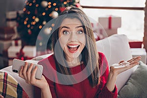 Portrait of crazy girl hold smartphone x-mas noel bargain concept sit couch in house indoors with christmas decoration