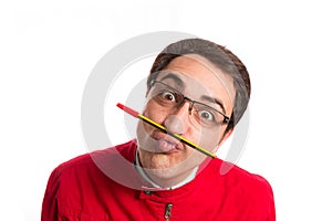 Portrait of crazy student with its pen, isolated on white