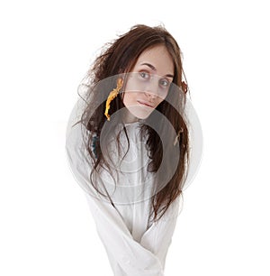 Portrait of a crazy woman in a straitjacket