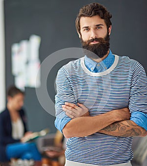 Portrait, creative and confident business man in startup office for career, job or pride in Italy. Face, professional or