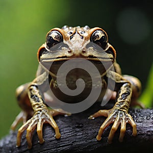 Portrait of creepy frog after rain on a tree in macro focus