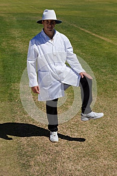 Portrait of cricket umpire signaling leg bye during match photo