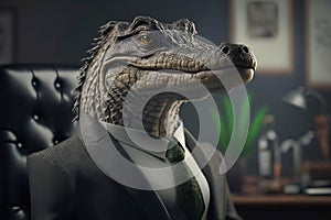 Portrait of a Crocodile Dressed in a Formal Business Suit at The Office