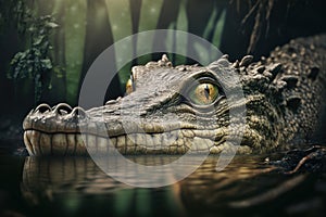 Portrait of a crocodile in the river in the middle of the jungle, Generative AI