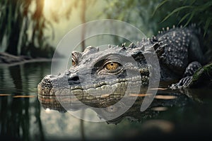 Portrait of a crocodile in the river in the middle of the jungle, Generative AI