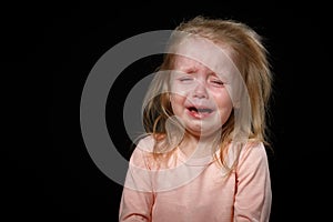 Portrait of Crying, Yelling, Abused Helpless Baby Girl After Family Conflict. Got Lost. In Difficulty. Family Conflict, Violence,